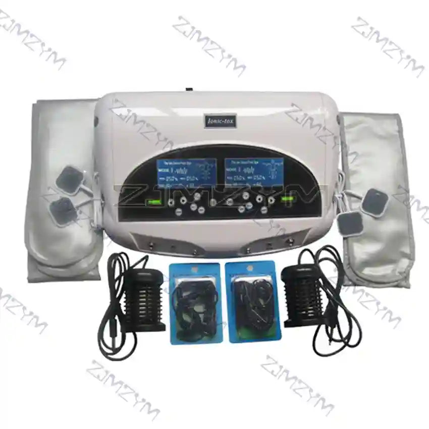 Dual ionic cleanse detox footbath machine with digital display, electrode pads, and spa massage wrist straps.