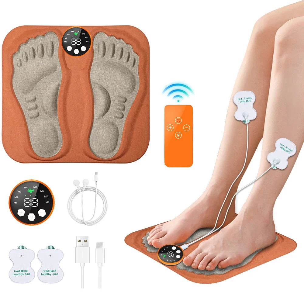 Orange 3D electric foot massage pad with remote, 8 modes, 29 levels, and electrode pads for muscle pain relief.
