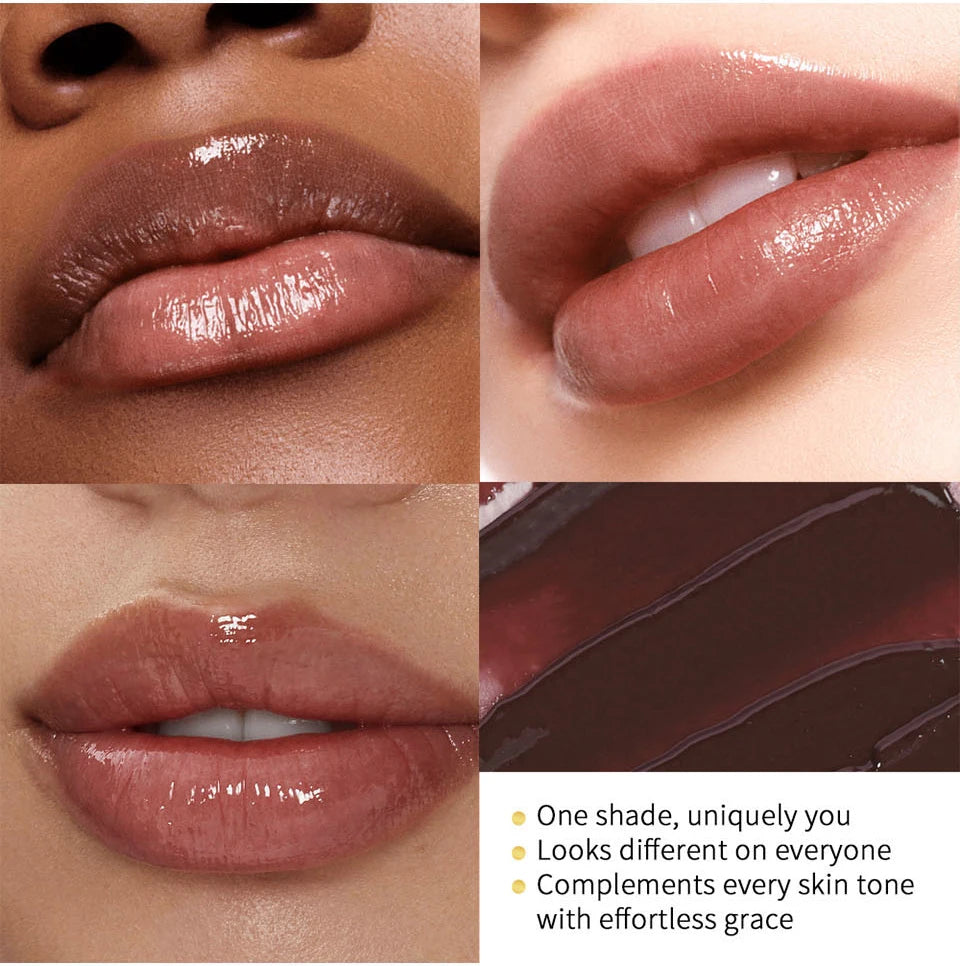Nourishing brown honey tinted lip balm with a glossy, plumping, non-stick texture for hydrated, moisturized lips.