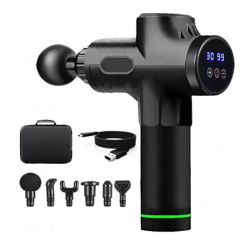 Black handheld percussion massage gun with digital display, six interchangeable heads, charging cable, and carry case.