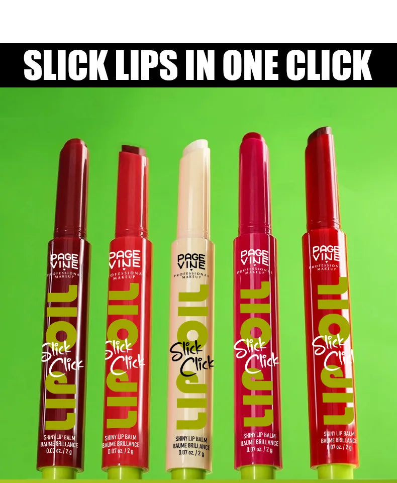 Five Page Vine click-press lip glaze pens in various shades, from nude to red, with a glossy, moisturizing finish.