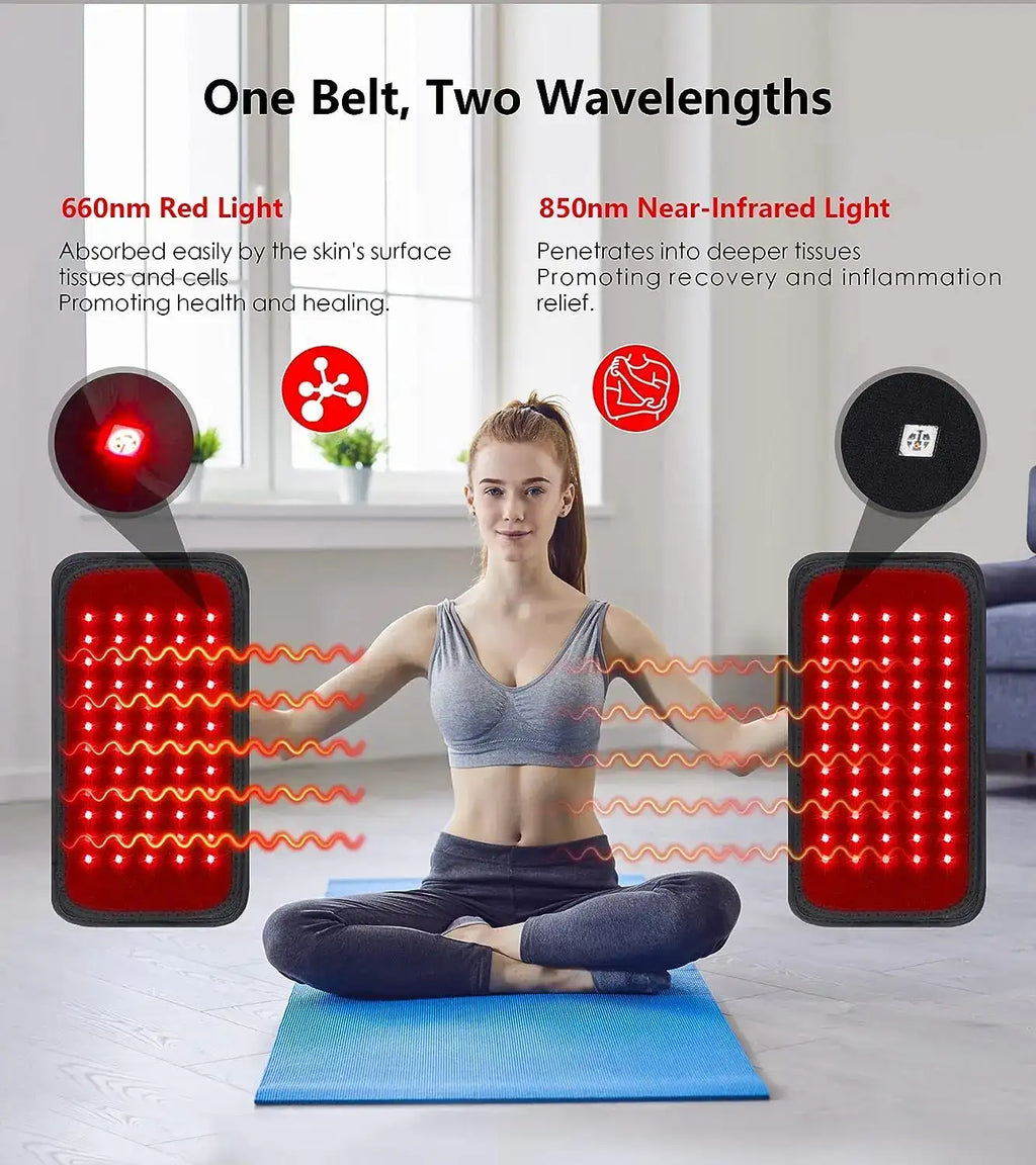 A person sitting on a mat holds two black red-light therapy pads featuring 60 LEDs for 660nm and 850nm wavelengths.