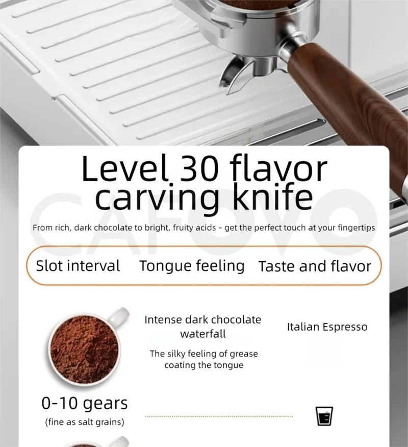Cafovo espresso machine detail with 30-level grinder, white finish, and wooden handle portafilter for Italian espresso.