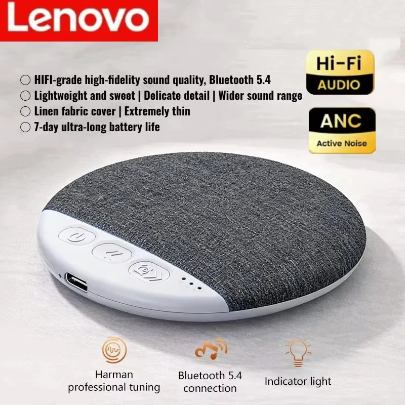 Gray, thin Lenovo sleep aid sound machine with visible control buttons and fabric top for high-fidelity sleep noise.