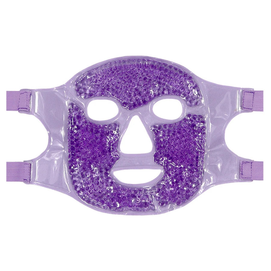A purple gel bead face mask with cutouts for eyes, nose, and mouth, featuring adjustable elastic side straps.