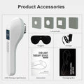 Handheld white UVB therapy device, four plastic lamp shades, protective goggles, charger, manual, and packaging box.