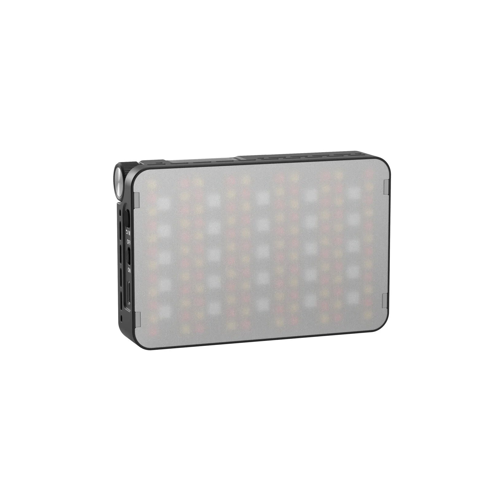 Rectangular LED video light with a black frame, frosted diffuser panel, and side control dial for portable lighting.