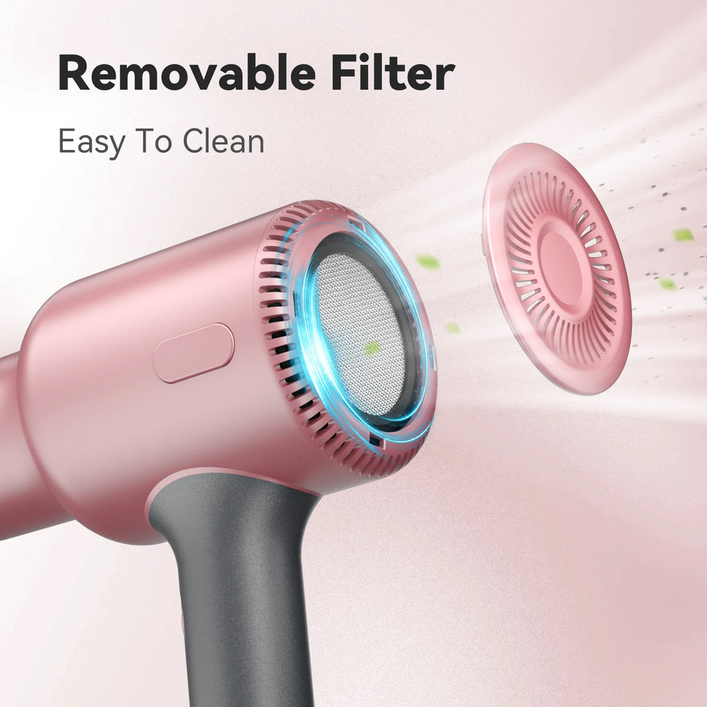 Pink 1600W ionic hair dryer with easy-to-clean removable magnetic filter for professional fast hair drying.