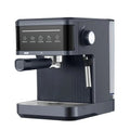 Dark grey espresso machine with touch control panel, stainless steel steam wand, portafilter, and water reservoir.