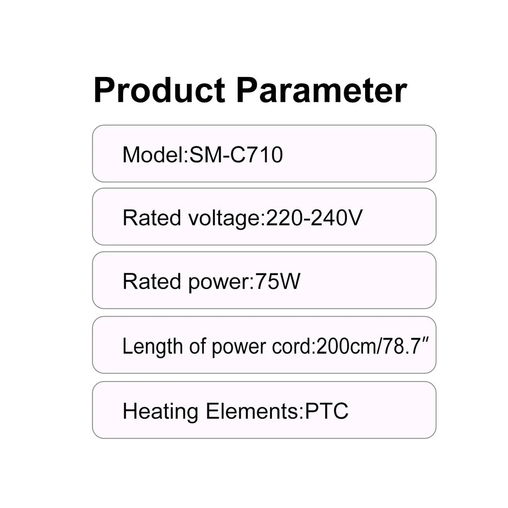 Hatteker SM-C710 electric curling comb technical specifications chart featuring 75W power and PTC heating technology.