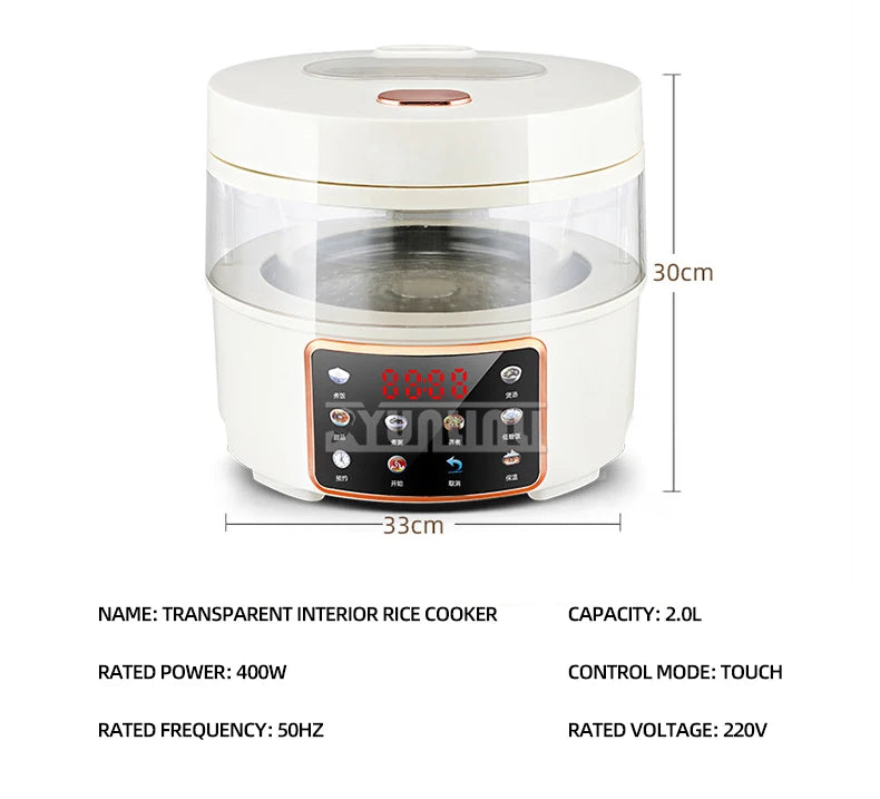 White 2L rice cooker with transparent chamber and orange-accent touch control panel