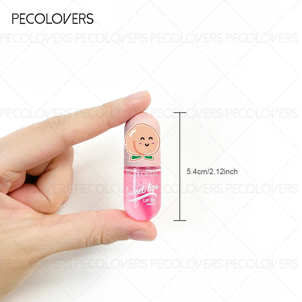 PECOLOVERS fruity moisturizing lip oil in a cute peach capsule bottle, long-lasting color-changing clear pink lip tint.