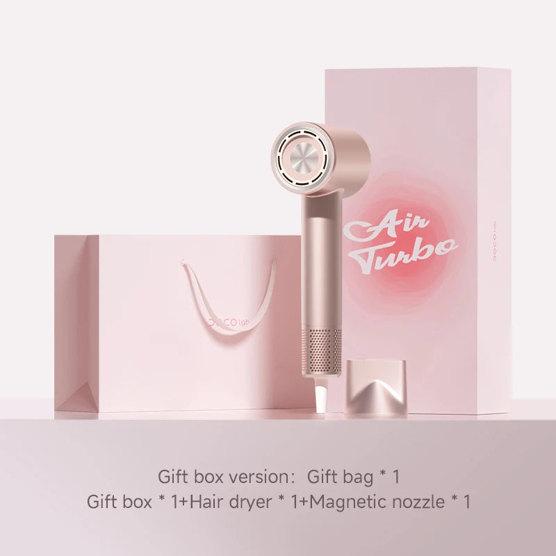 Pink DOCO high-speed ionic hair dryer with magnetic nozzle, gift box, and bag for professional travel hair care.
