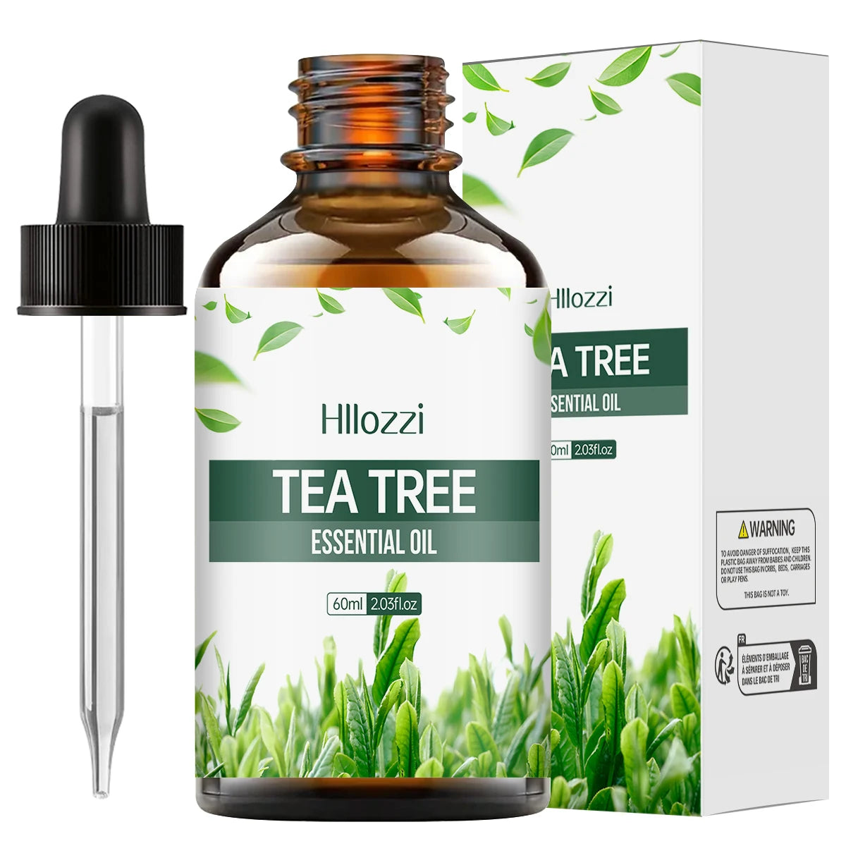Tea tree essential oil 60ml bottle with dropper and box, amber glass, green label