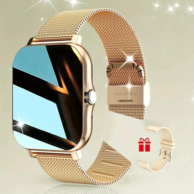 Smart watch with gold case and gold metal mesh strap, gift icon detail