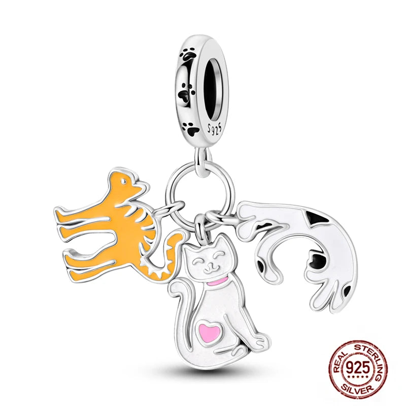 Real 925 sterling silver cat pendant charm for DIY bracelets. Cute enamel pet jewelry, perfect for animal lovers.