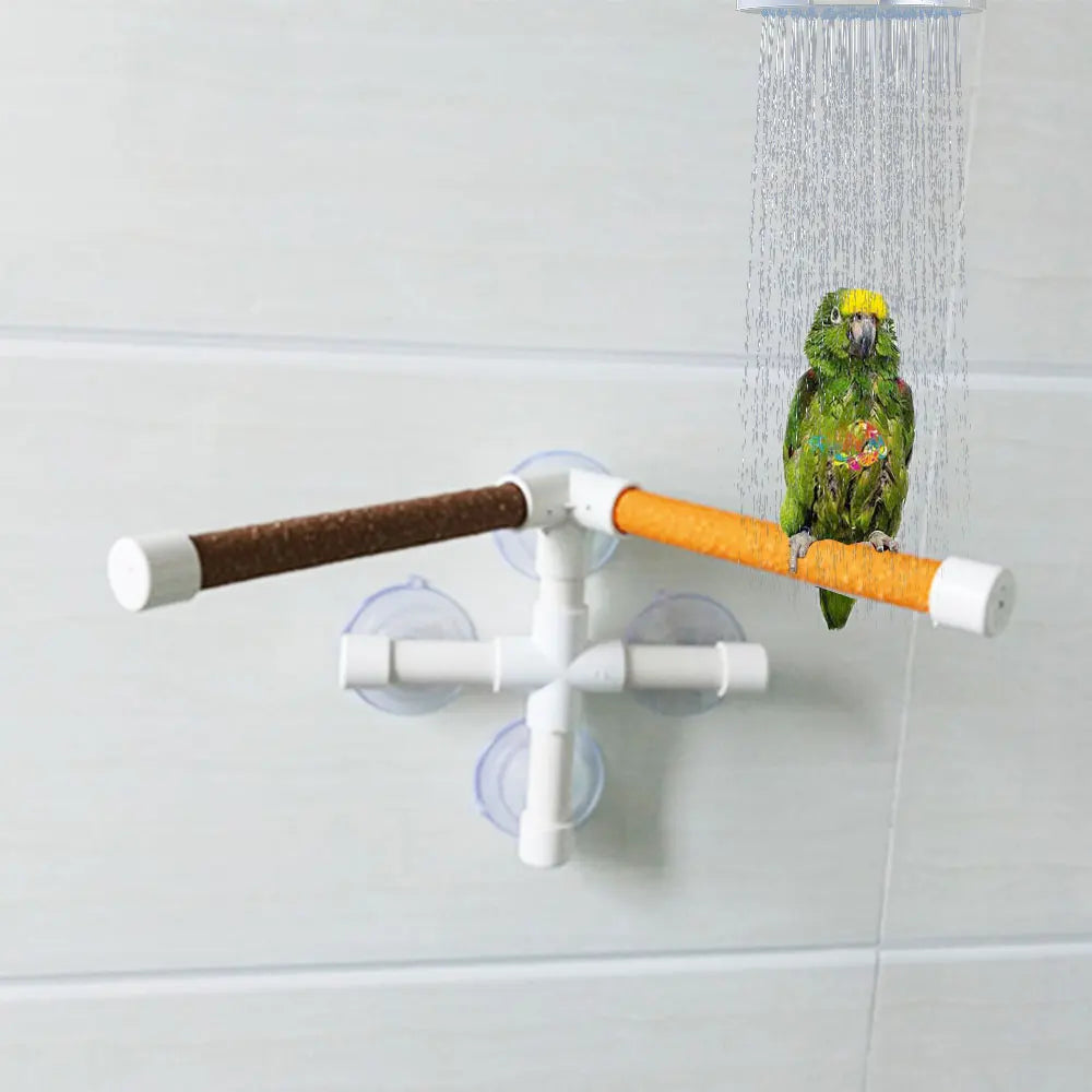 Parrot shower perch with suction cups and paw-grinding texture for safe, easy bird bathing in the shower.