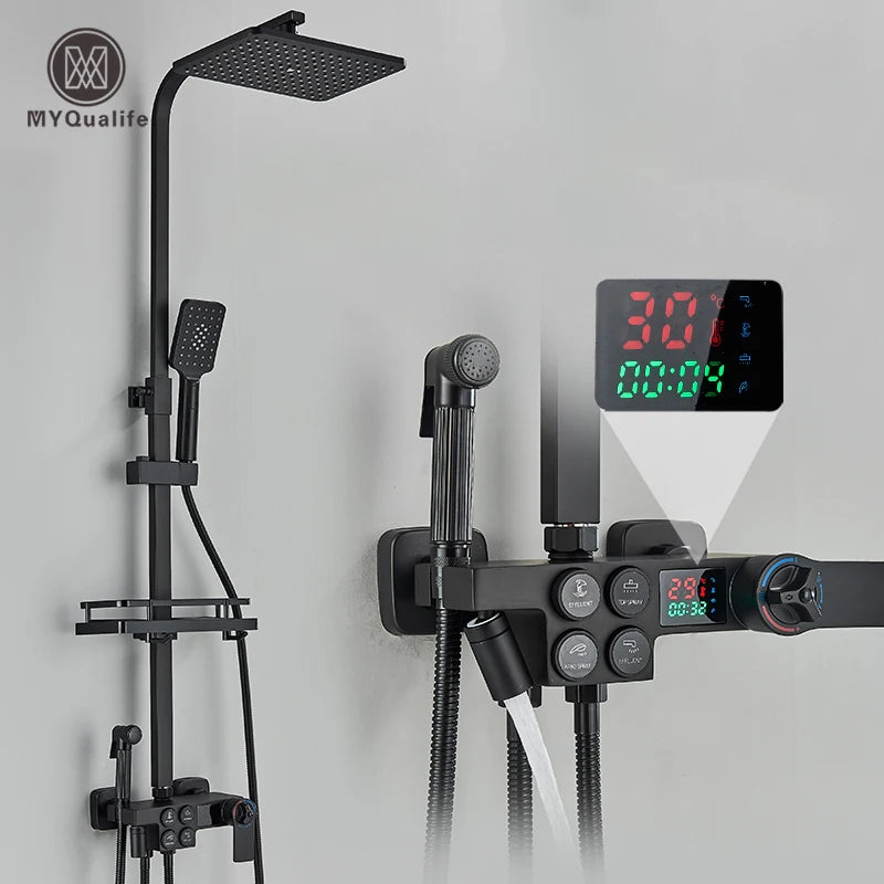 Thermostatic Display Screen Shower Faucet Bathroom Rotate Bath Tub Bidet Shower Push Button Rainfall Head Mixer Tap