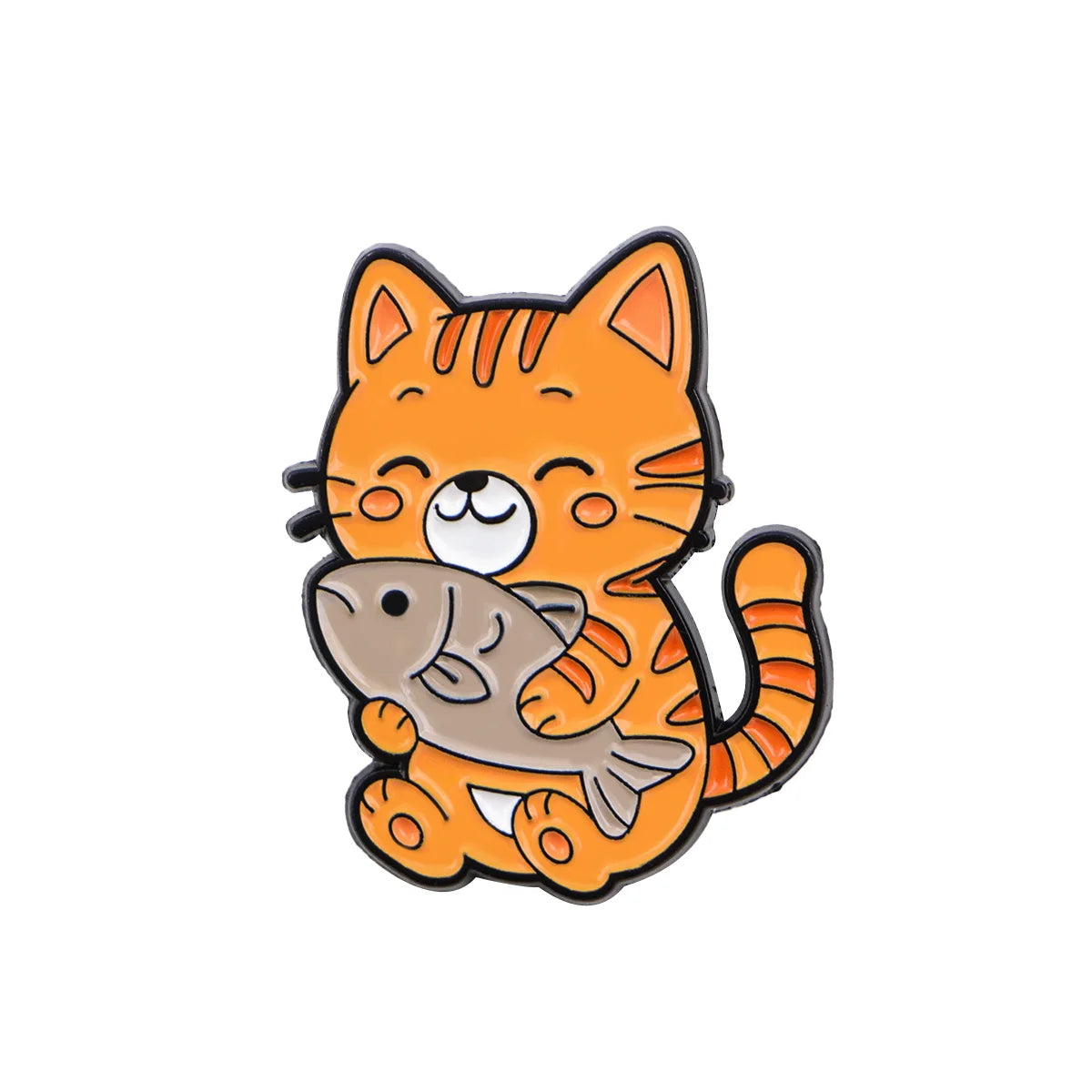 Cute orange tabby cat enamel pin holding a fish, perfect for backpacks, lapels, or as a cat lover gift.