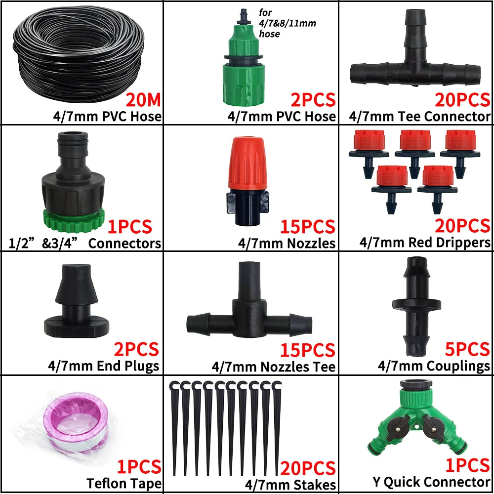 Drip irrigation kit with 20 m 4/7mm black PVC hose roll, connectors, nozzles, tees, end plugs