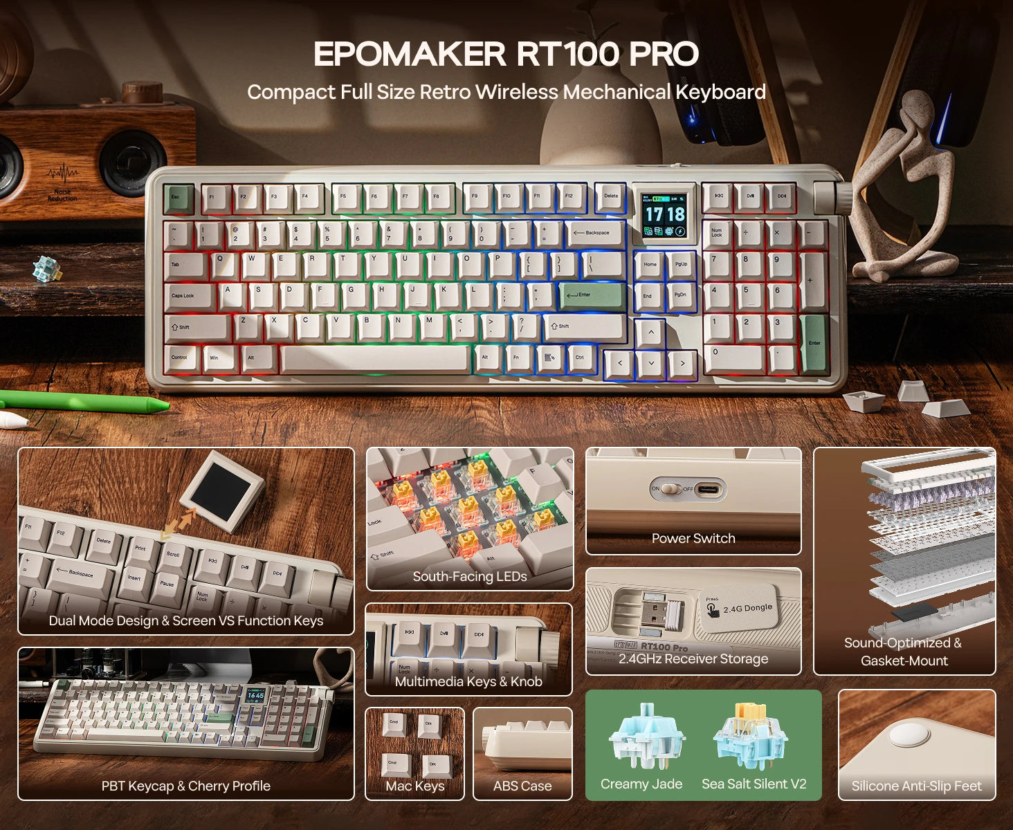 EPOMAKER RT100 PRO Full Sized ANSI US Layout Tri-mode Wireless Mechanical Gaming Keyboard with 5000mAh Battery & RGB Backlight