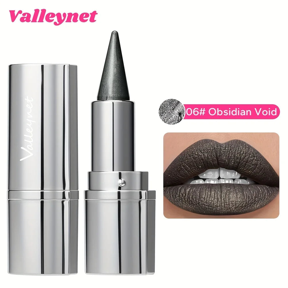 Metallic black glitter lipstick in shade 06 Obsidian Void, long-lasting waterproof shimmer lip makeup with chrome finish.
