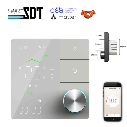 Smart heating thermostat with round dial, touchscreen icons, and phone control app