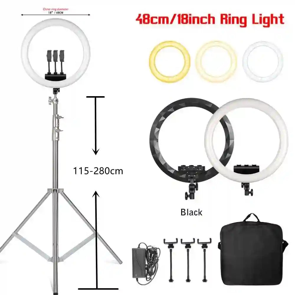 18-Inch Ring Light with Tripod Stand - Dimmable LED Studio Lighting 280 Black cm Tidesmit