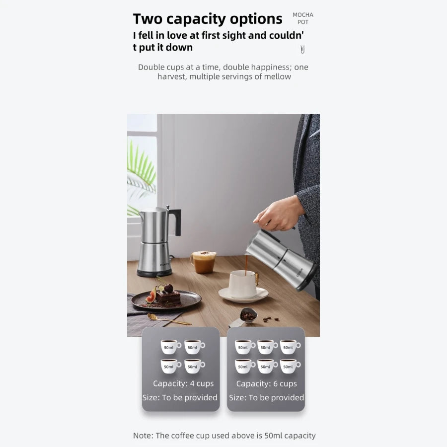 Silver stainless steel COKMO mocha pot espresso maker available in 4-cup and 6-cup capacities on a kitchen table.