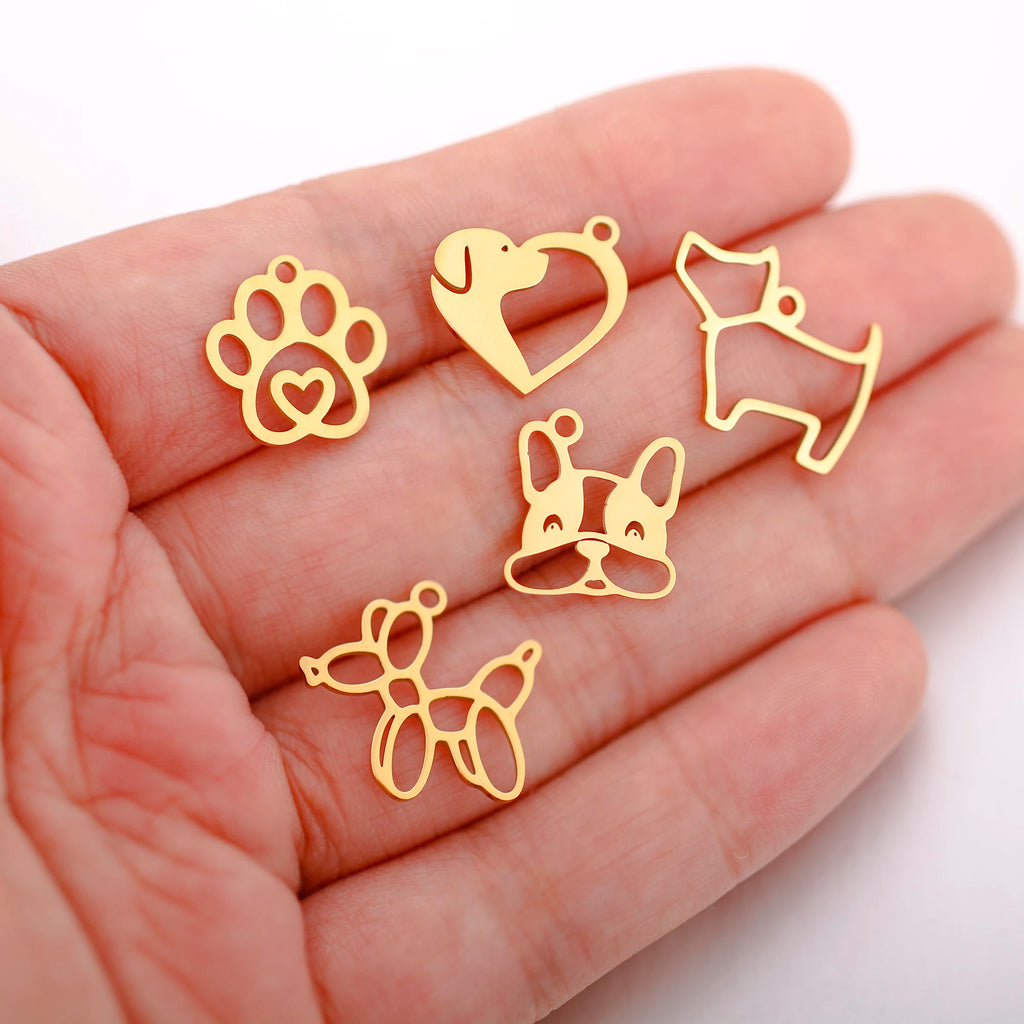 5pc gold stainless steel dog paw and balloon animal charms for DIY pet-themed jewelry making and personalized bracelets.