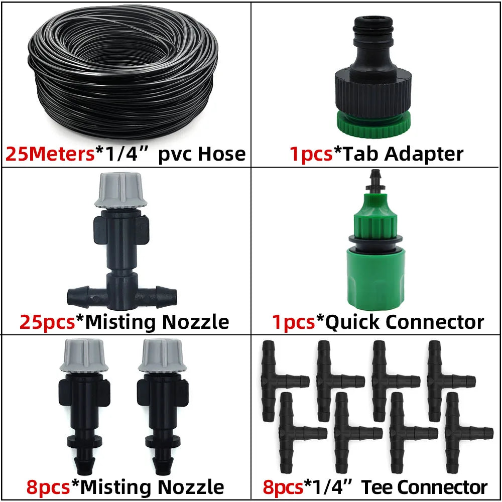 Misting irrigation kit with black hose coil, black misting nozzles, quick connector, and tee connectors