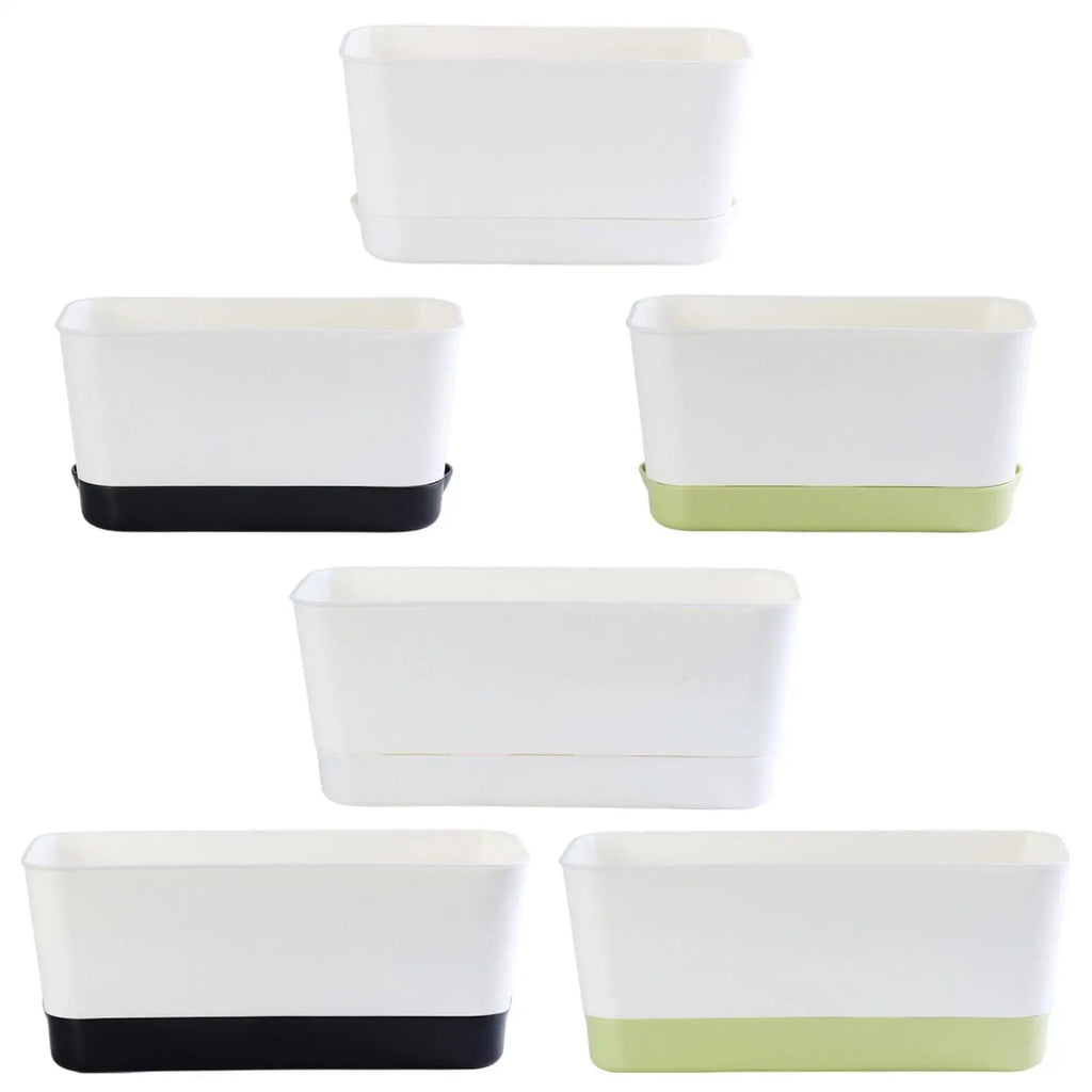 Set of rectangular window box planters: white with black base and white with green base.