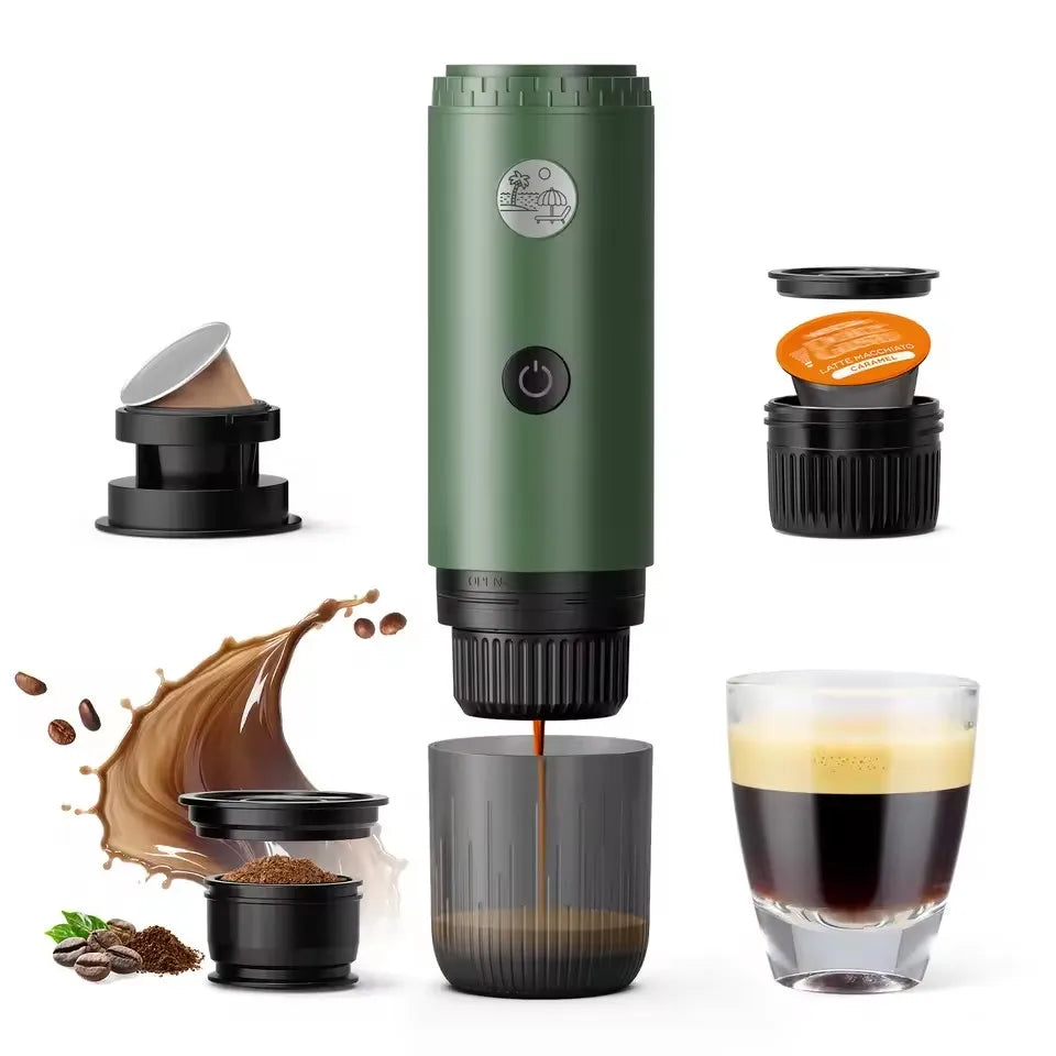 Portable green electric espresso maker for pods and ground coffee with integrated cup and coffee bean splash detail.