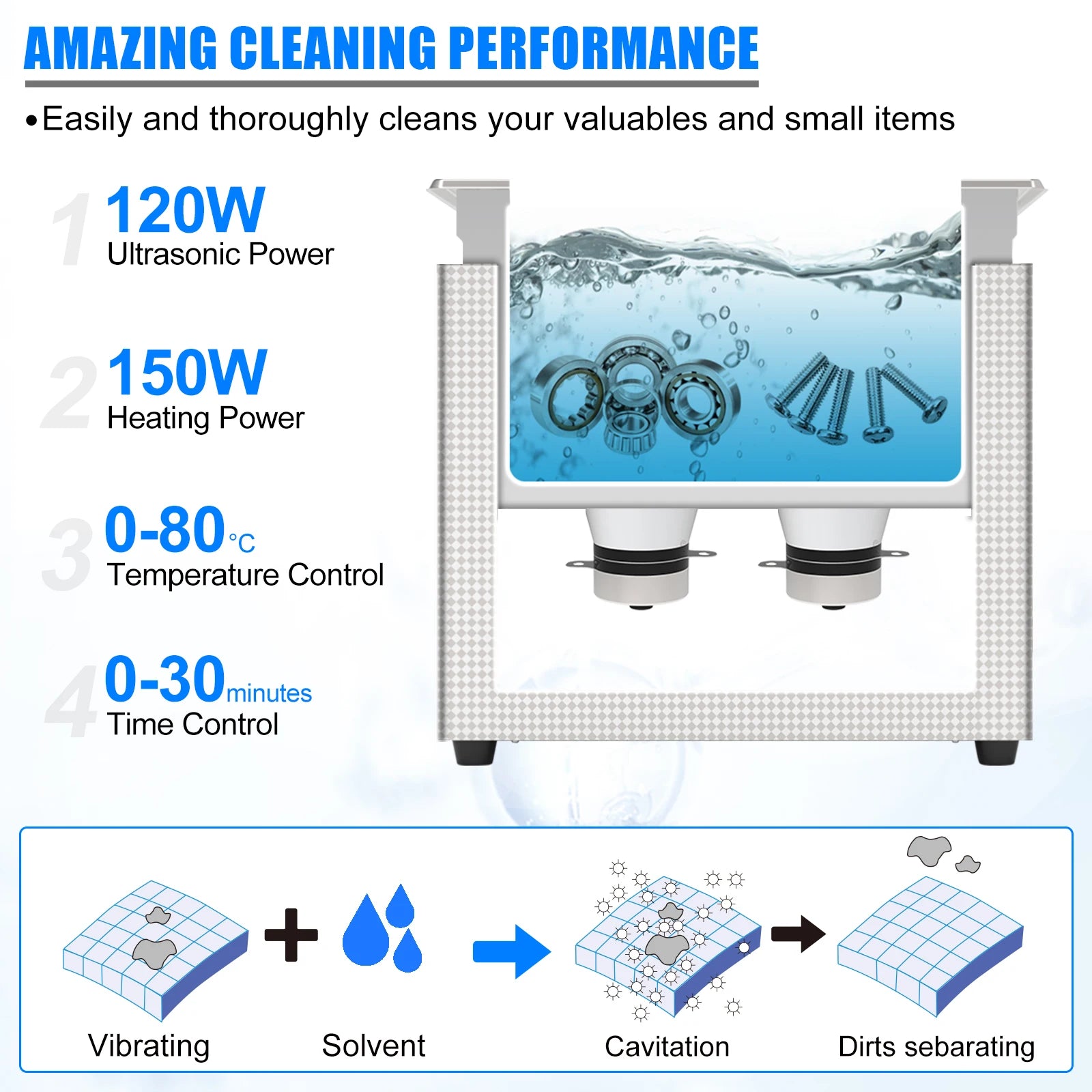 Tidesmit 120W ultrasonic cleaner 1.3L tank showing heating element and 30-minute timer for cleaning jewelry.