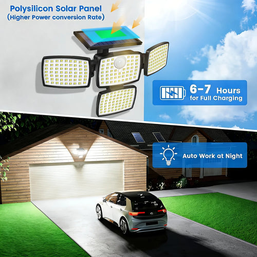 Solar motion sensor security light with four LED heads and an angled solar panel