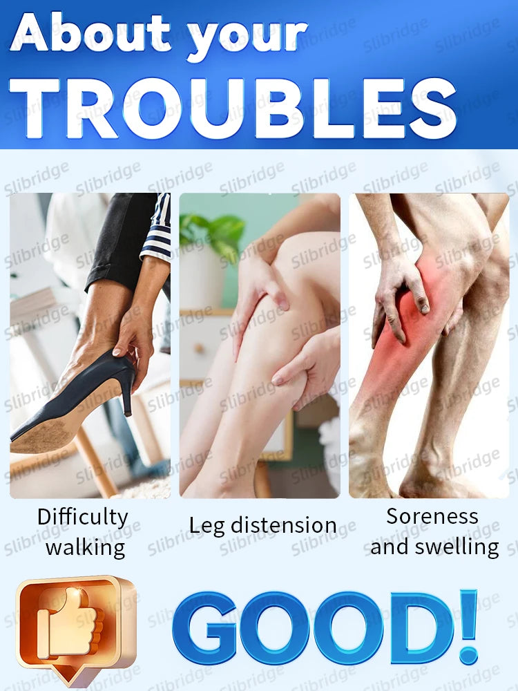 Three panels showing leg discomfort: difficulty walking, leg distension, and calf soreness with red swelling overlay.