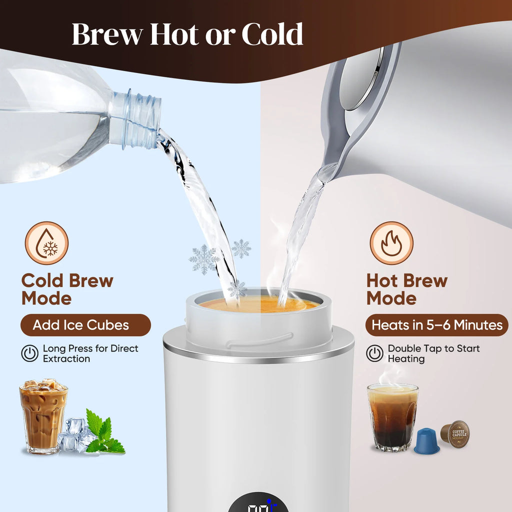 Portable white electric coffee maker for hot and cold brewing with digital display and capsule compatibility.