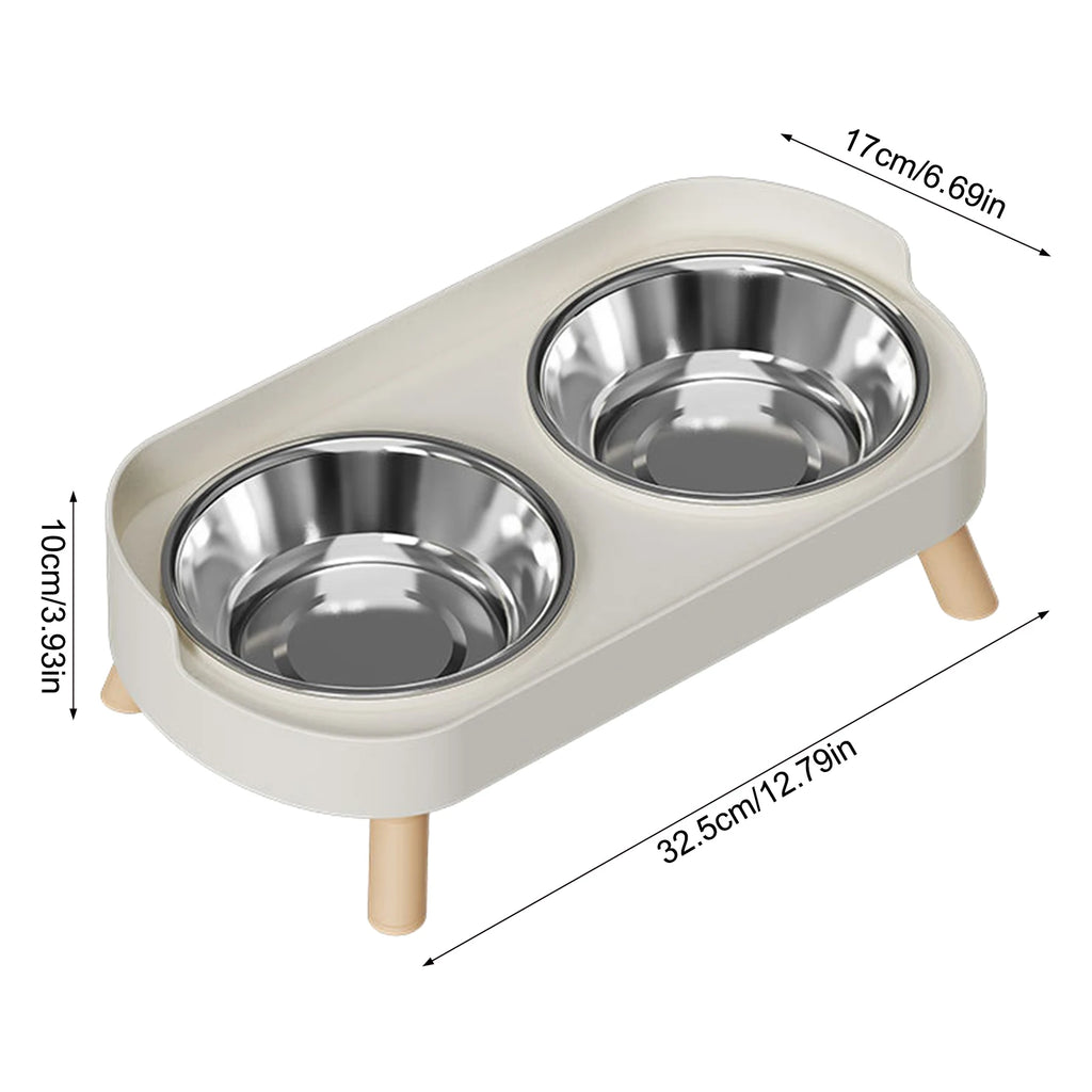 Elevated stainless steel dual pet bowl for cats & dogs. Anti-slip, ergonomic feeder protects neck for easier feeding.