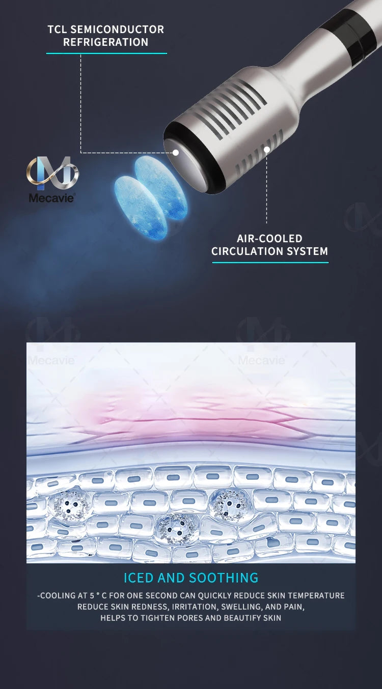 Mecavie 6-in-1 oxygen dermabrasion tool with semiconductor cooling for soothing facial skin and tightening pores.