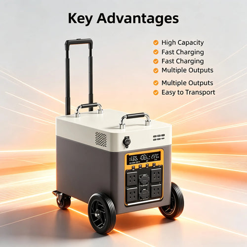 Portable grey and white mobile power station on wheels with a telescoping handle, multiple AC ports, and LCD display.
