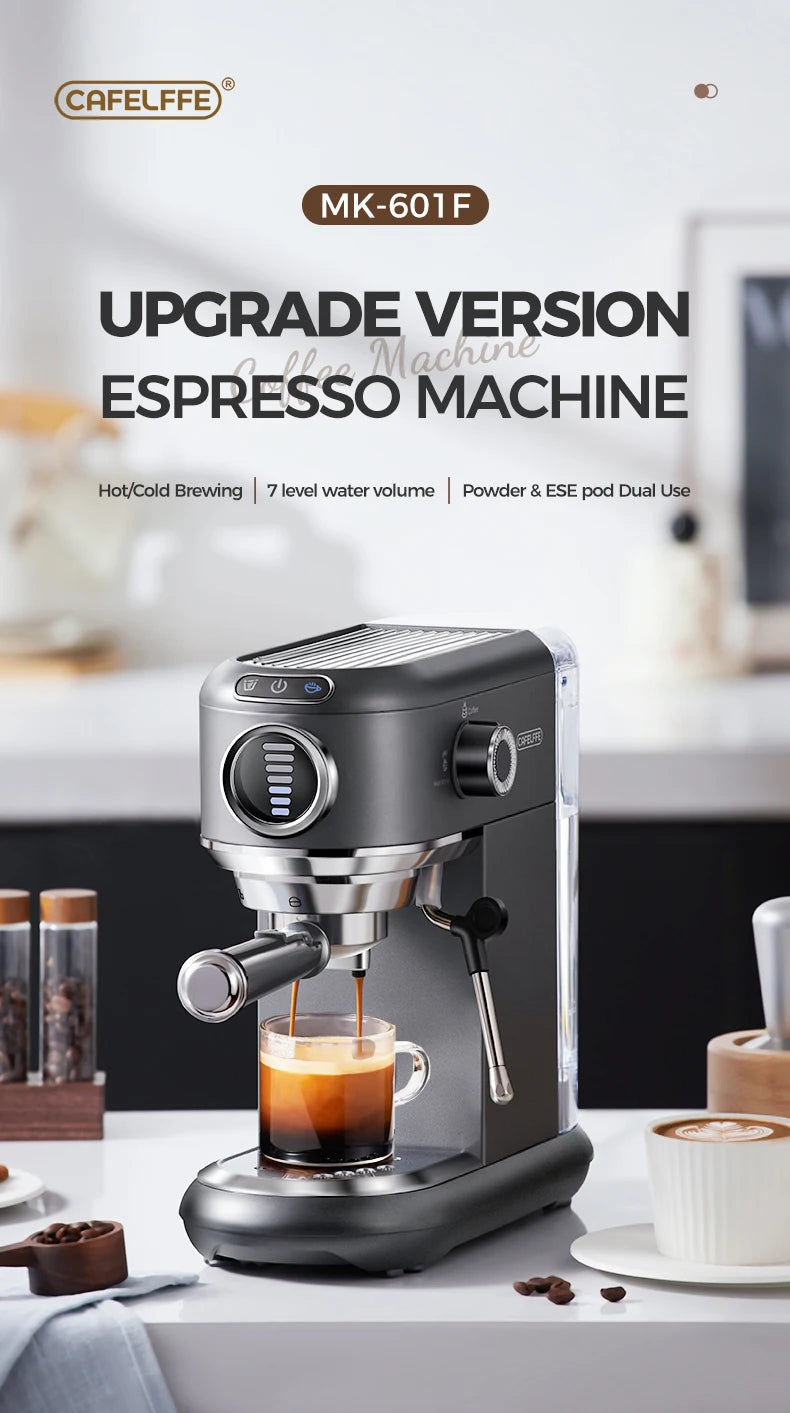 Cafelffe MK-601F matte black espresso machine with 7-level volume control, dual-use for grounds and ESE pods.