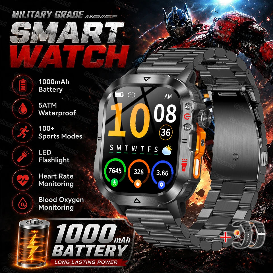Gray metal link smartwatch with orange side button and round display