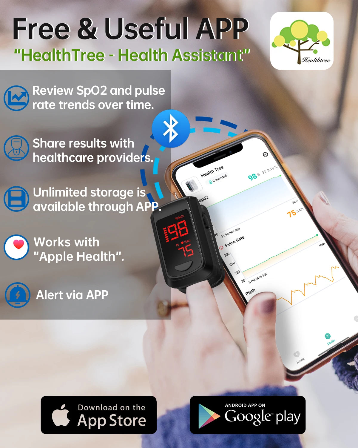 HealthTree Pulse Oximeter APP Control Blood Oxygen Saturation Monitor PI PR Fast Spo2 Heart Rate Monitor Bluetooth Wholesales
