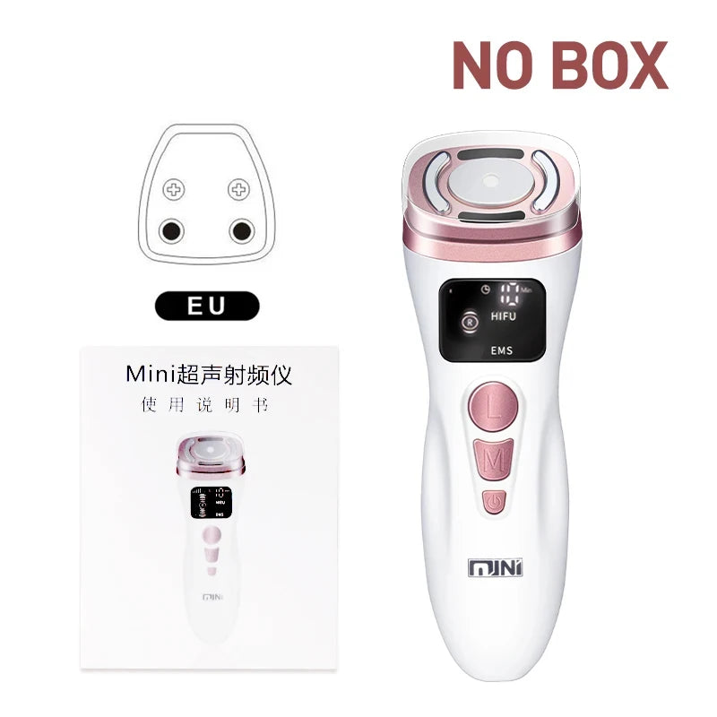 White and rose gold mini HIFU facial device with digital screen, manual, and EU power plug, labeled "NO BOX."