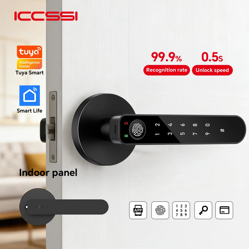 ICCSSI Smart Door Lock Fingerprint Lock Fingerprint/Tuya APP/Password/IC Card/key Unlock Multi Language Audio Playback B208APRO