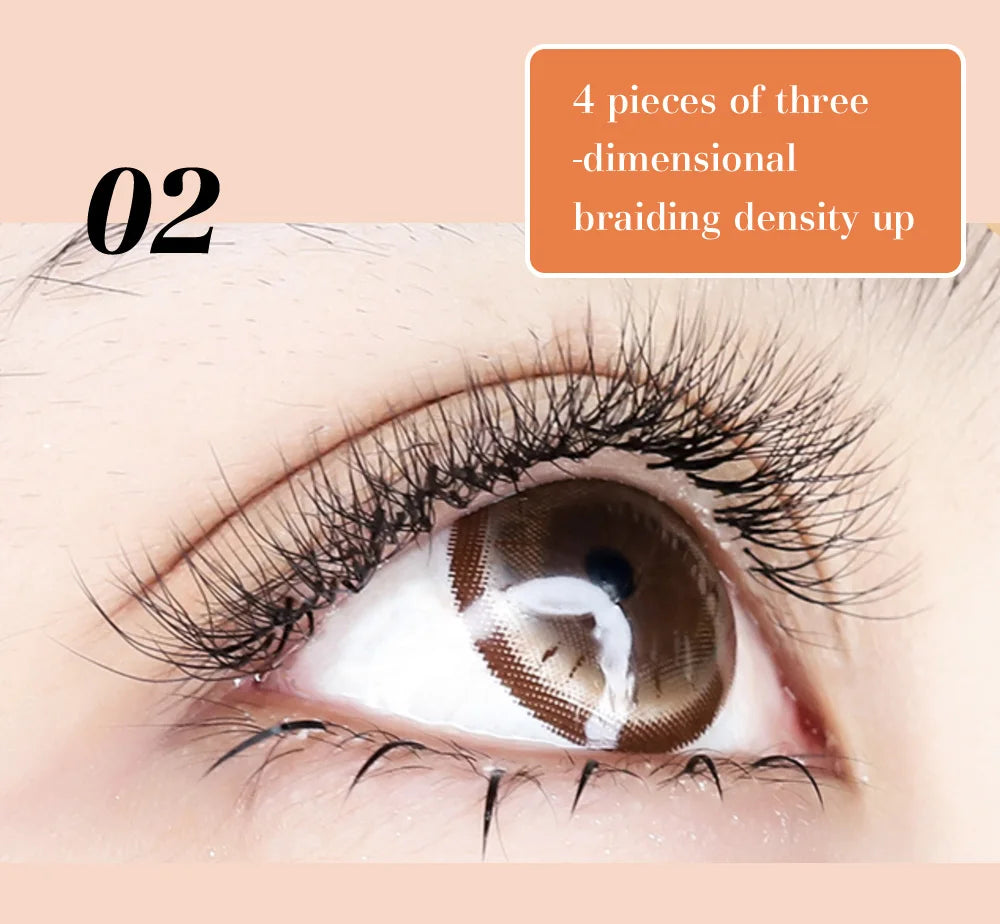 Close-up of a human eye with black DeceMars 6D-W shaped eyelash extensions, showing dense, voluminous braiding.