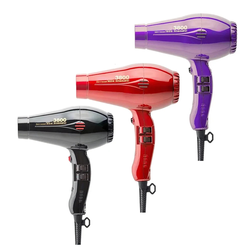 2100W professional hair dryers in black, red, and purple with ionic technology and 3-speed settings for fast drying.