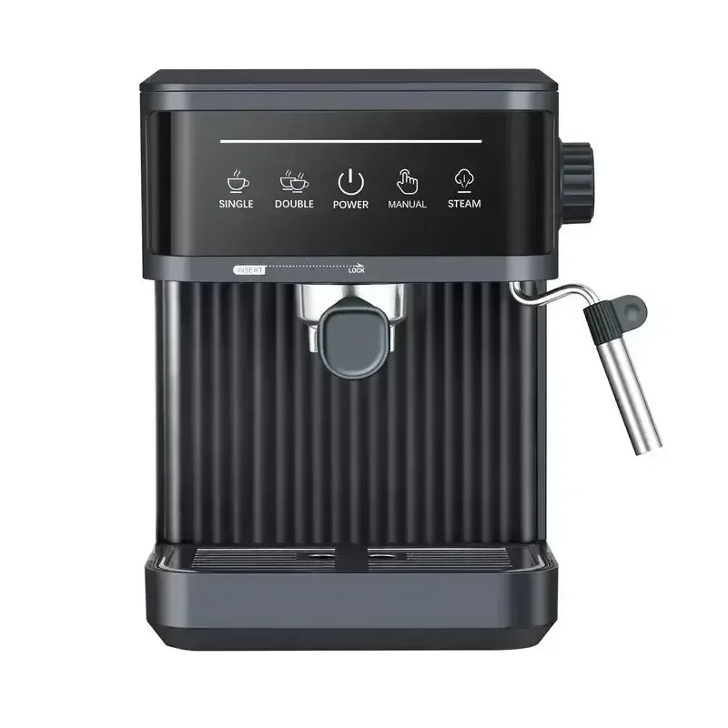 Modern black espresso machine with digital touch panel, portafilter, and built-in milk steam wand.