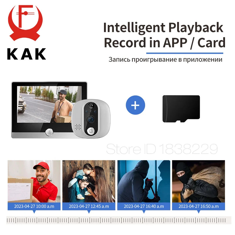 KAK Wifi Smart Door Bell Camera 4.3" Video Door Peephole Door Viewer 170 Degree Motion Detection Tuya APP Alexa Google Assistant