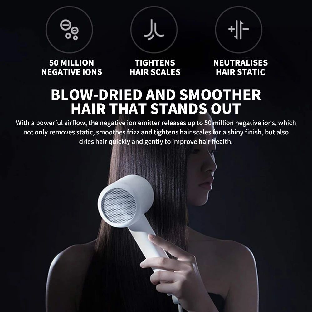 Xiaomi Mijia H300 white ionic hair dryer for fast, frizz-free drying with 50 million negative ions for shiny hair.